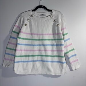 WEILL Paris French Striped Ribbed Knit Sweater Nautical Button Shoulder L